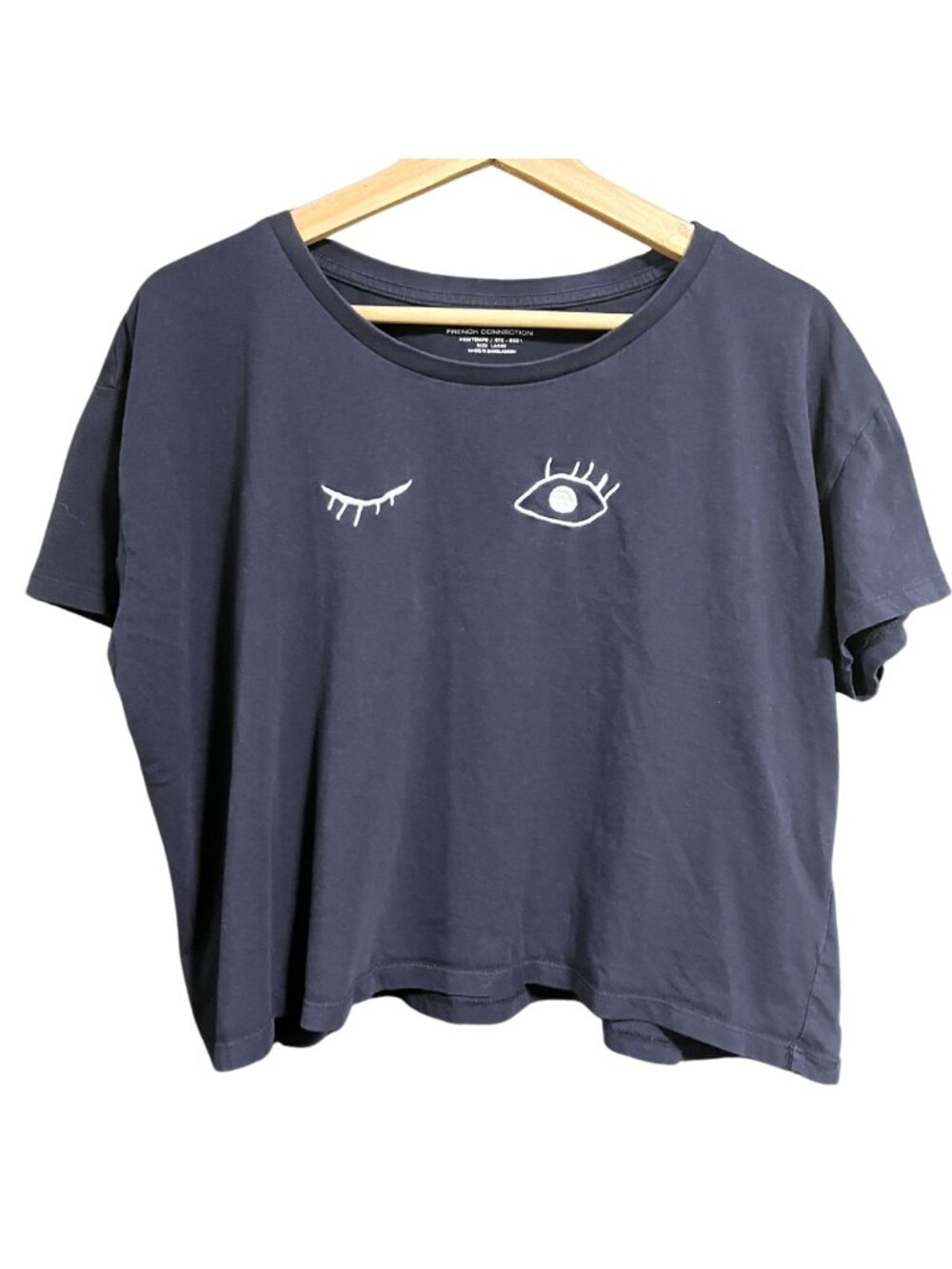 FCUK French Connection Cropped Navy Blue Embroidered Wink Face T-Shirt – L